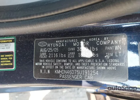 2005 Hyundai Elantra Gls/Gt z USA, uszkodzony, nr VIN KMHDN46D75U191254